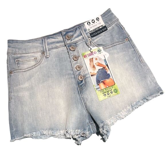 Rewash The Wedge Super High Rose Frayed Jean Shorts - Picture 1 of 6